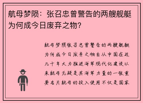 航母梦陨：张召忠曾警告的两艘舰艇为何成今日废弃之物？