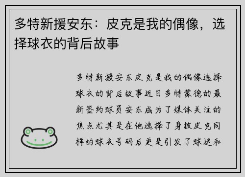 多特新援安东：皮克是我的偶像，选择球衣的背后故事