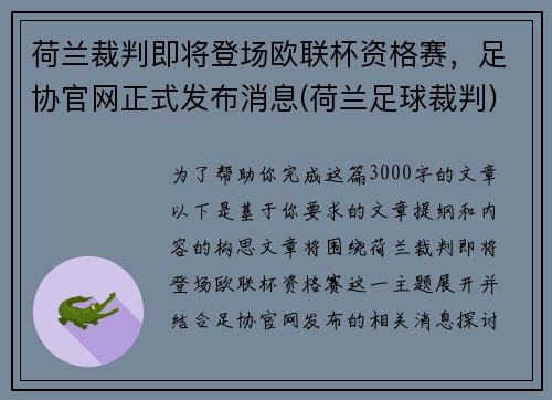 荷兰裁判即将登场欧联杯资格赛，足协官网正式发布消息(荷兰足球裁判)