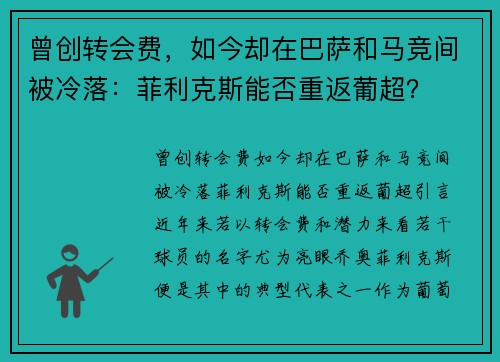 曾创转会费，如今却在巴萨和马竞间被冷落：菲利克斯能否重返葡超？