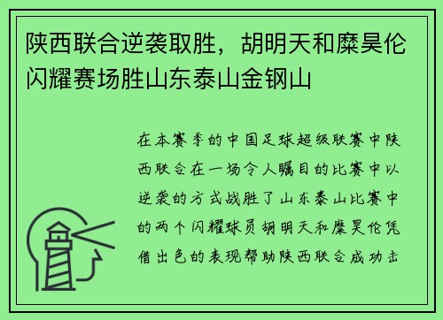 陕西联合逆袭取胜，胡明天和糜昊伦闪耀赛场胜山东泰山金钢山