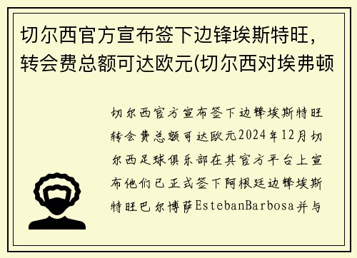 切尔西官方宣布签下边锋埃斯特旺，转会费总额可达欧元(切尔西对埃弗顿比赛结果)