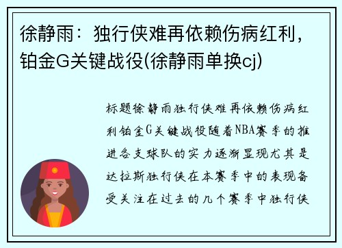 徐静雨：独行侠难再依赖伤病红利，铂金G关键战役(徐静雨单换cj)