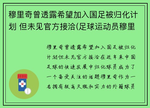 穆里奇曾透露希望加入国足被归化计划 但未见官方接洽(足球运动员穆里奇)