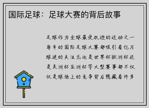 国际足球：足球大赛的背后故事