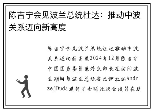 陈吉宁会见波兰总统杜达：推动中波关系迈向新高度