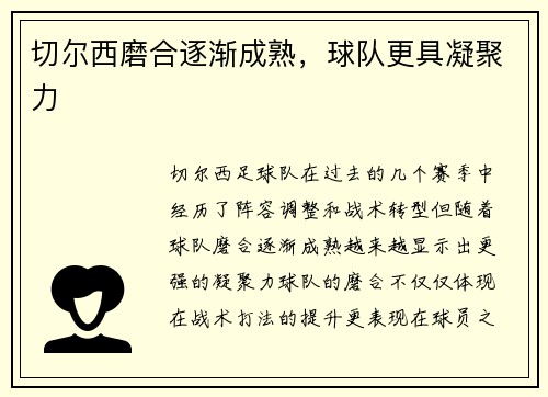 切尔西磨合逐渐成熟，球队更具凝聚力